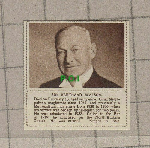 C2136) Sir Bertrand Watson Magistrate Obituary- 1948 Clip SMALL!
