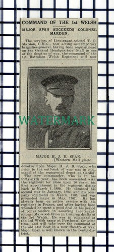 C7228) Major H J B Span 1st Welsh Tenby Wales   - 1916 Cutting
