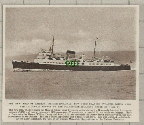 (C442) The MAID OF ORLEANS British Railways Steamer Ship Denny - 1949 Cutting