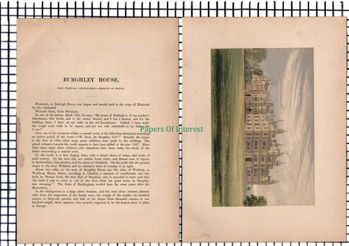 (6689) Burghley House Stamford - c.1880 Print & Article  - Marks Are Present!