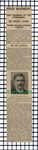 (8279) Sir E Vincent Evans New Chairman Ancient Monuments  - 1916 Cutting