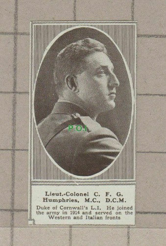 C1826) Lieut Col C F G Humphries Duke of Cornwall LI  - 1918 Clip  SMALL!!
