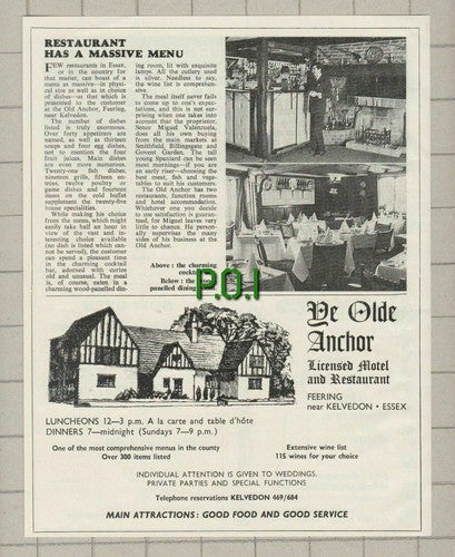Ye Olde Anchor Feering Essex Miguel Valenzuela Advert - 1969 Cutting