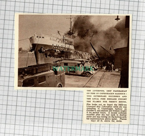 C2289) The TAKORADIAN On Fire Copenhagen Harbour - 1948 Clip
