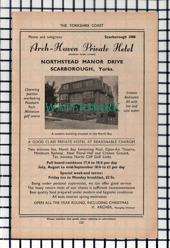 C6955) Arch Haven Hotel Northstead Manor Drive Scarborough Advert - 1952 Cutting