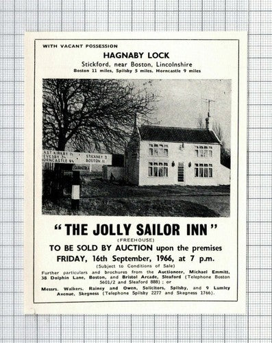 The Jolly Sailor Inn Hagnaby Lock  Lincolnshire Sale Advert - 1966 Cutting