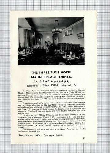 Three Tuns Thirsk / Travellers Rest Dalton Peter & Nancy Fothergill 1970s Advert