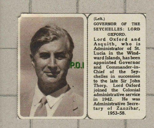 Lord Oxford and Asquith Governor Seychelles   - Small 1961 News Clipping