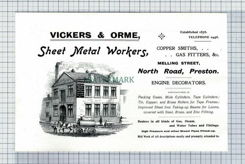 C6146) VICKERS & ORME Sheet Metal Workers PRESTON Advert  - 1902 Book Print