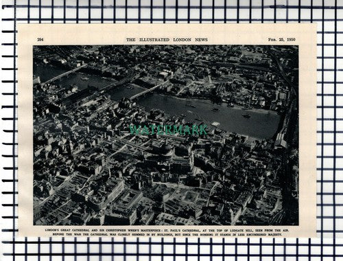 St Paul's Cathedral London Aerial View - 1950 Cutting