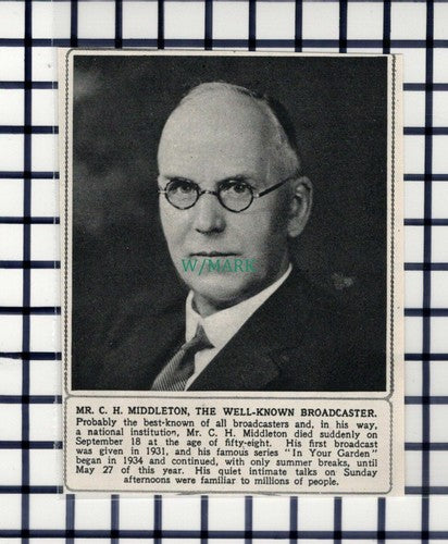 C6136) Mr C H Middleton Broadcaster Obituary  ~ 1945 Cutting