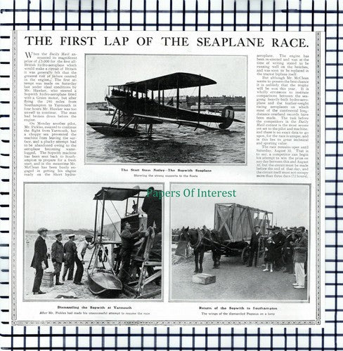 X1406) Seaplane Race Mr Pickles Sopwith - 1913 Cutting