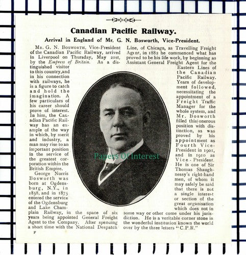 C5340) Canadian Pacific Railway Mr George Norris Bosworth - 1914 Cutting