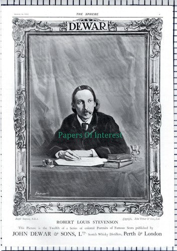 Dewar Whisky Famous Scots Robert Louis Stevenson Advert - 1913 News Page / Print