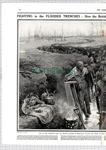 British Soldiers In Trenches Mud Sandbags World War One  - 1915 Print / Cutting