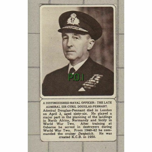 Admiral Sir Cyril Douglas-Pennant Obituary  - 1961 SMALL News  Clipping
