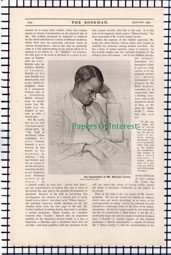 X1181) Sinclair Lewis Author - 1931 Article