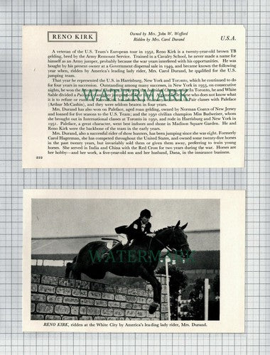 Mrs Carol Durand Horse RENO KIRK America Wofford - 1956 2-Part Clipping / Print