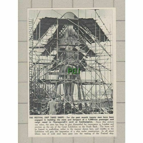 Great Exhibition Festival Ship  Thorneycroft Yard Southampton -  1951 Cutting