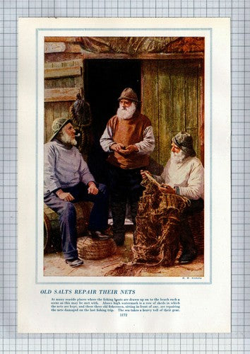 (5861)  Moorings at Halliford Middlesex / Fishermen Repairing Nets - Book Print