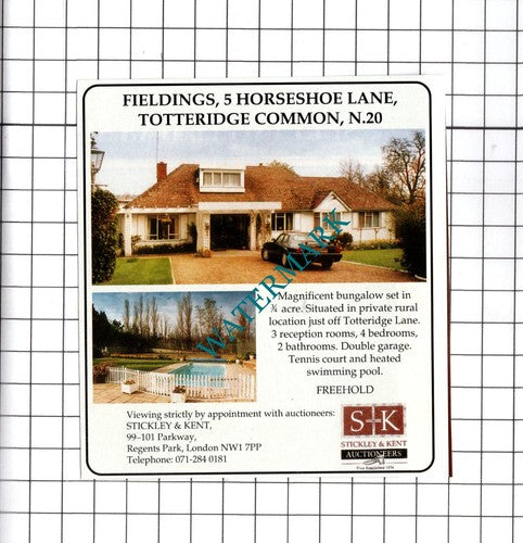 Fieldings 5 Horseshoe Lane Totteridge Common London N20 -1991 House Sale Advert