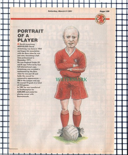 David Armstrong Middlesbrough Boro Footballer  - 1991 Cutting / Print