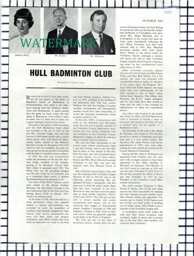 (7983) Hull Badminton Club Pamela Wade Parker John Robinson- 1965 Article