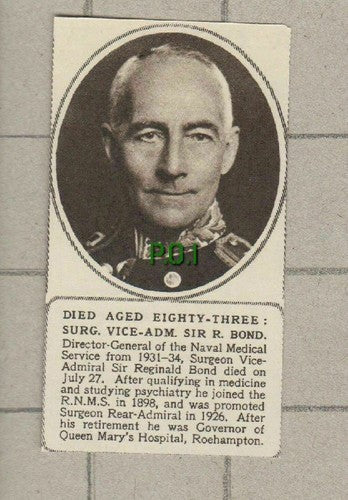 Sir Reginald Bond Naval Medical Service Obituary - SMALL 1955 News Clipping