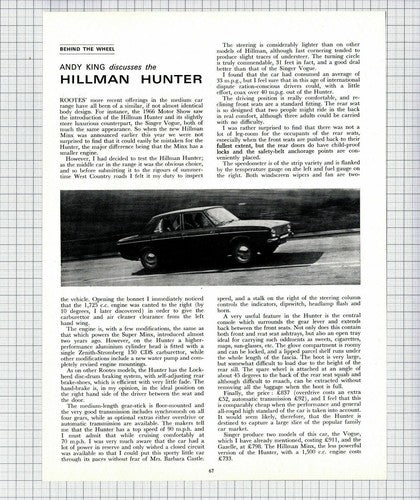(6267) Hillman Hunter Car REVIEW  -  1967 Article