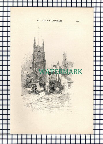St John's Church Leeds Yorkshire  ~ Antique Book Print  / Cutting c.1900