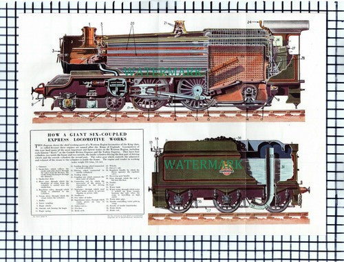 Six Coupled Express Locomotive Train King Engine  c.1950s FOLDED Cutting / Print