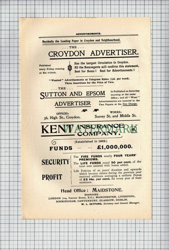 C7599) The Croydon Advertiser / Kent Insurance Company - 1899 Advert