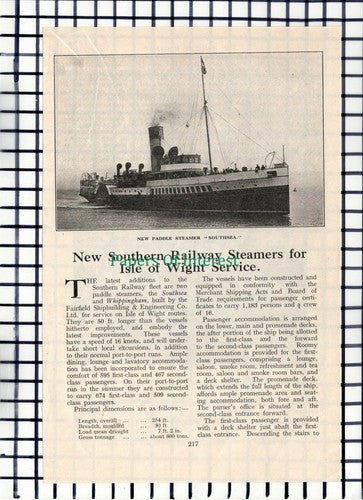 C5823) Southern Railway Steamers Isle Of Wight SOUTHSEA  - 1930 Article