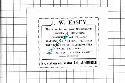 R W Rainsford Aldeburgh Suffolk / J W Easey Aldeburgh Suffolk -1952 Small Advert