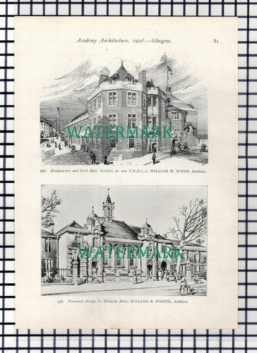(8231) Glasgow Royal Infirmary / Drill Hall Yorkhill Woodside Halls - 1902 Print