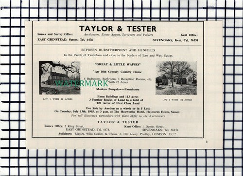 C7409) Great & Little Wapses Sussex Twineham Sale Advert  - 1965 Cutting