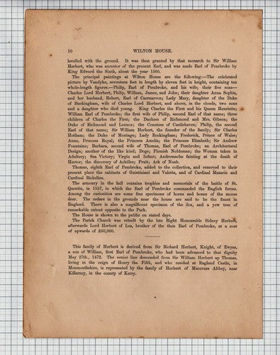 (6030) Wilton House  - c.1880 Article & Print - See description for condition!