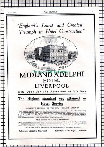 Midland Adelphi Hotel Liverpool Towle Advert - 1914 News Page / Print