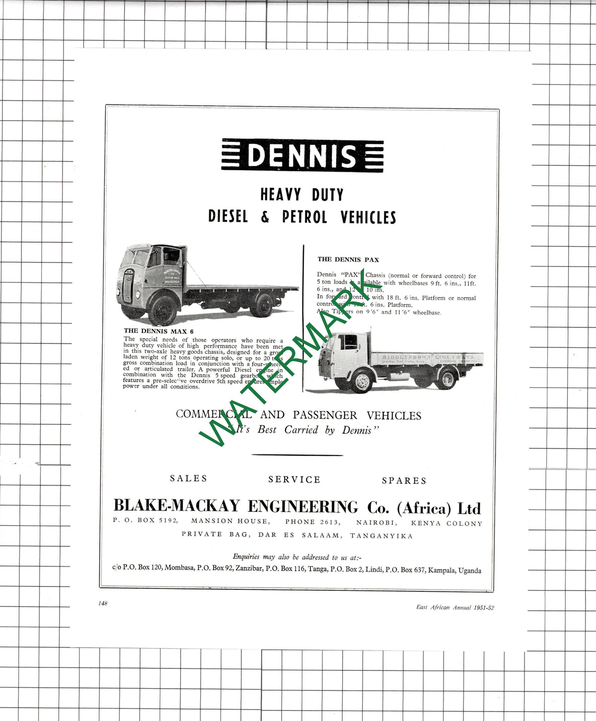 Blake-Mackay Engineering Co (Africa) Ltd Nairobi Kenya Dennis Pax - 1951 Advert