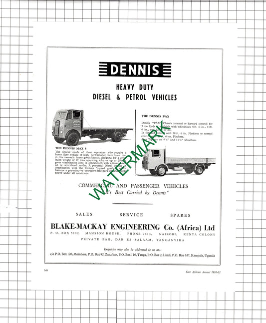 Blake-Mackay Engineering Co (Africa) Ltd Nairobi Kenya Dennis Pax - 1951 Advert