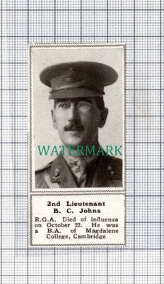 C5210) 2nd Lt B C Johns RGA Royal Garrison (?) WW1 War - 1918 SMALL Clip