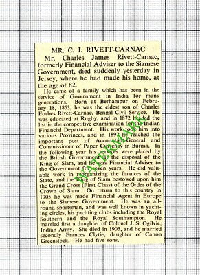 Mr Charles James Rivett-Carnac Jersey Obituary - 1935 Cutting