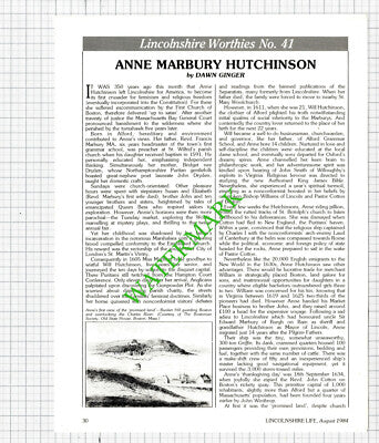Anne Marbury Hutchinson Alford Lincolnshire  - 1984 Article