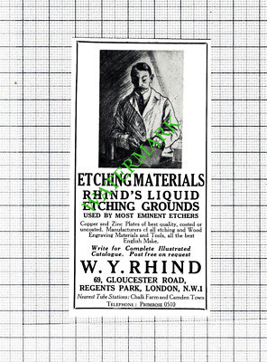 W Y Rhind London Etching Materials SMALL Advert - 1936 Cutting