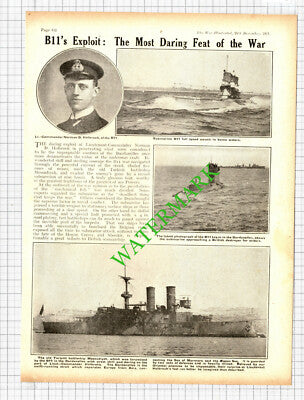 Lt Comm Norman D Holbrook B11 Submarine WW1 Great War Messudiyeh - 1914 Cutting