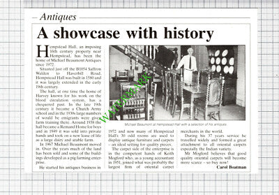 Hempstead Hall Essex Michael Beaumont Antiques Keith Mogford  - 1989 Cutting