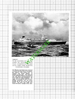 Shaw Savill Line New Steamer Ship Harland and Wolff - 1953 Small  Cutting