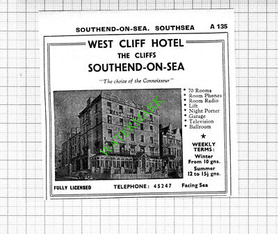West Cliff Hotel Southend Essex / Queen's Hotel Small Advert - 1964 Cutting
