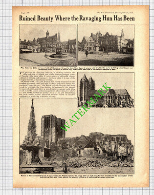 Noyon France Cathedral Hotel de Ville World War One - 1918 Cutting / Print