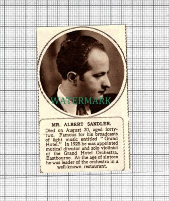 C2725) Mr Albert Sandler Grand Hotel Orchestra Obituary - 1948 Clip SMALL!!